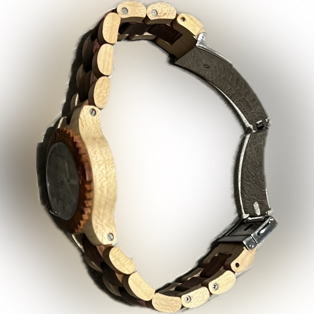 ❌Meku Wooden Two-Tone Women’s Watch Calendar Wooden Box Folding Clasp Quartz - Picture 4 of 9
